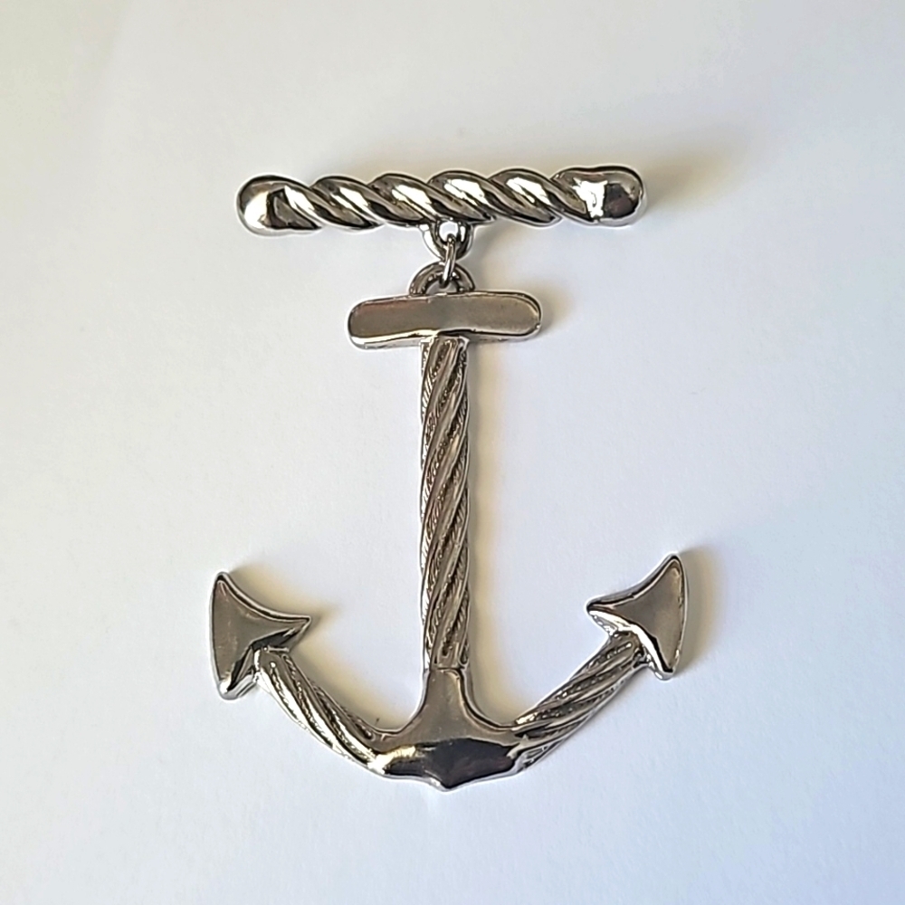 Vintage Pewter/Silver Bar Pin with Dangling Anchor Brooch Naval Nautical
